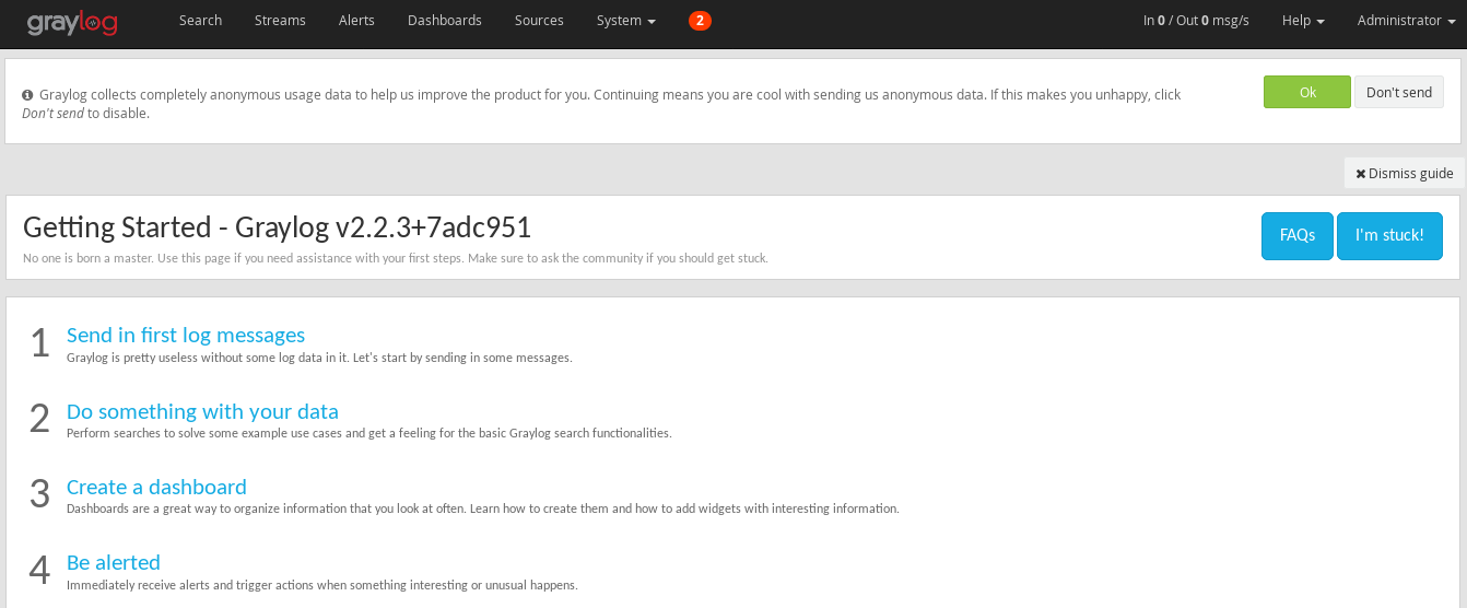graylog logs management system getting started page